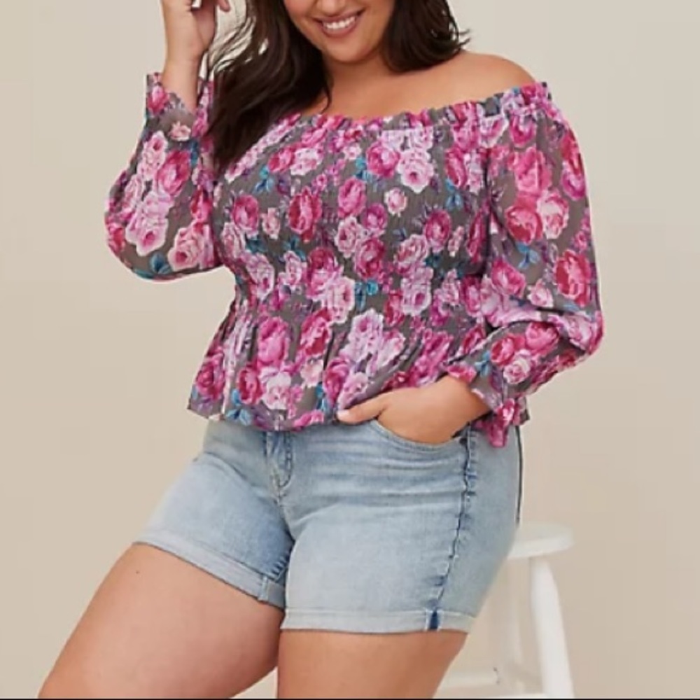 New Torrid Womens 3X Floral Chiffon Off Shoulder Peplum Top Blouse Long Sleeve - Picture 4 of 6